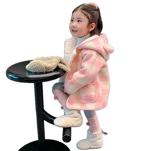 Child Star Circle Girls' Plaid Wool Coat Thickened Windproof Autumn Winter Outwear For Little Girls With Hood And Pockets - Product Image 4