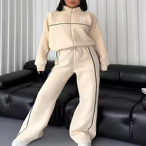 Custom <span class=keywords><strong>Ladies</strong></span> <span class=keywords><strong>Casual</strong></span> Striped Trainings anzug 2 Stück Langarm Full Zip Top Kordel zug Breite Straight Pants <span class=keywords><strong>Outfits</strong></span> - Product Image 3