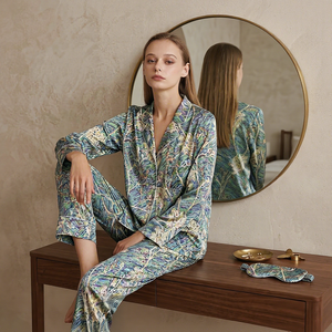Pijama de seda de verano de calidad superior de lujo para mujer, novedad de primavera, conjunto de seda estampado de lujo de manga larga, ropa de descanso de dos piezas - Product Image 2