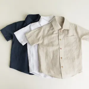 Kemeja Linen Katun Balita Laki-laki dengan Kerah Formal Kemeja Kancing Lengan Pendek Kustom dengan Kantong Kanguru Kaus Katun Lembut Anak-anak