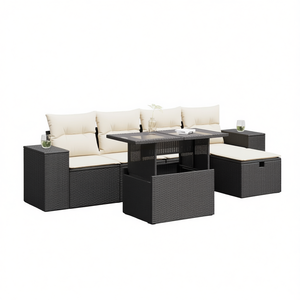 Ensemble de canapés de patio en polyrotin noir, 6 pièces, avec coussins, meubles d'extérieur - Product Image 1