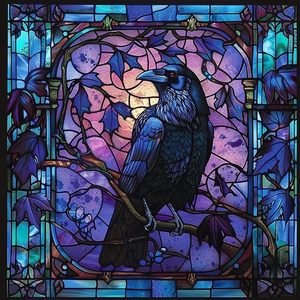 Songwoo Gotisches Lila-Blaues Fenster Raben-Diamantkunst Leinwand Buntglas Schwarze Krähe 5D Diamantmalerei-Set - Product Image 2