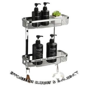 Estante de Ducha Metálico de Doble Nivel con Ganchos, Diseño Minimalista Rectangular Impermeable para Organizar Champú - Product Image 1