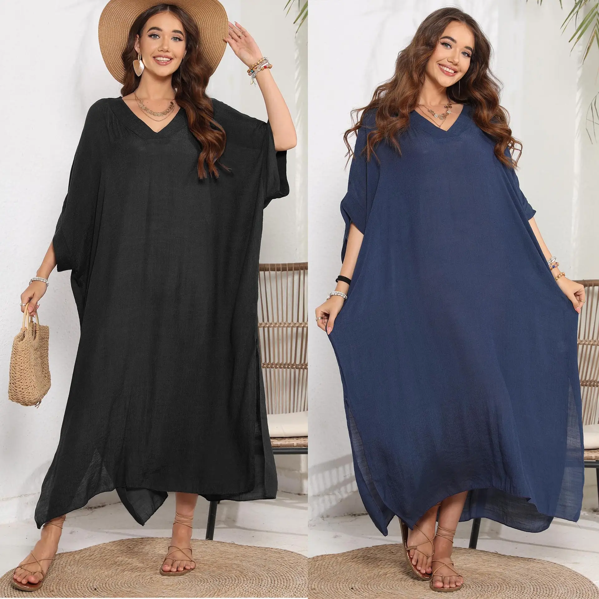 Slub Cotton Fabric Summer One Piece Dress Wholesale Beach Cover Up Women 2024 Loose One Size Fits All Cover Up Beachwear Dress