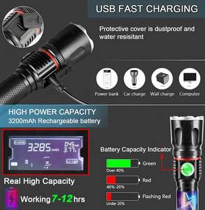 Lampe torche USB super lumineuse 1000 lumens, étanche, 4 modes d'éclairage, pour camping, éclairage COB, urgence, rechargeable, travail - Product Image 2