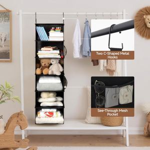 6-Tier Non-Woven Hanging Closet Organizer with Mesh Pockets Foldable Storage Organizer <b>Shelf</b> with 2 Sturdy <b>Hooks</b> - Product Image 5