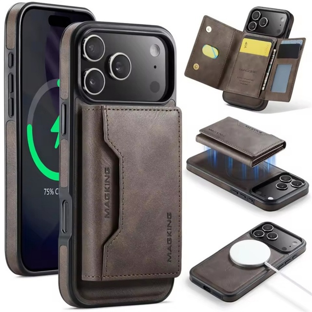 Business Leather 2 in 1 Detachable Magnetic Charging Phone Case with Magnet Card Holder Cover for iPhone 17 16 15 14 Pro Max