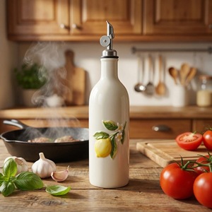 Dosificador de Aceite de Oliva de Cerámica Blanca con Grabado de Limón, Botella con Tapa y Boquilla Estrecha para Cocina, Camping - Product Image 3