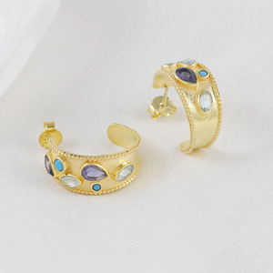 Multi Stone Gold Plated Brass Blue Topaz,Iolite and Turquoise Hoop <b>Earrings</b> , 20mm Hoops Women's Everyday Wear - Product Image 3