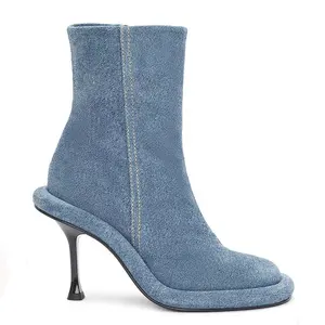 Botas cortas de tacón de aguja de diseño occidental para mujer, botines de tacón alto con punta redonda de mezclilla azul para mujer, calzado, botas para mujer