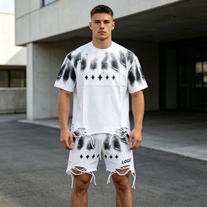 Ensembles de t-shirts grande taille pour hommes, ensembles deux pièces à manches courtes 480 g/m² pour hommes, 100 % coton éponge, ensembles décontractés d'été pour hommes - Product Image 1