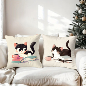 Cute black and white cats reading books with coffee cozy throw pillows festive holiday decor - Product Image 3