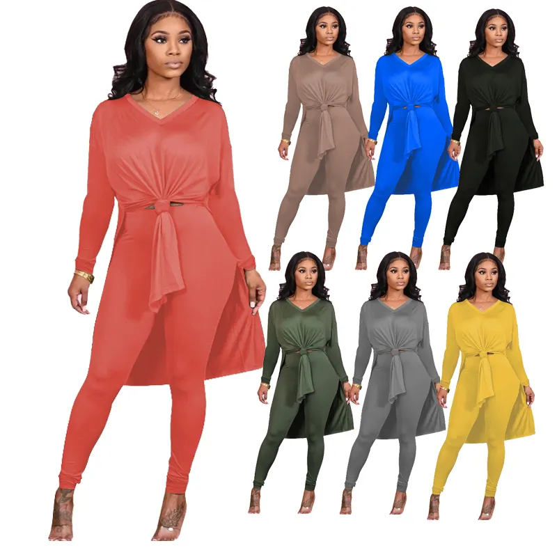 Classy Two Piece Outfits V Neck Side Split Ladies Loose Tops Blouse New Arrivals 2023 Plus Size Women's Clothing