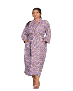 Robe de détente longue à manches longues en coton imprimé style bohème avec cordon de serrage - Product Image 1