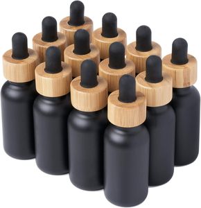 10ml-200ml Frosted Black Glass Dropper Essential <b>Oil</b> <b>Bottles</b> with Bamboo Cap Screen Printed - Product Image 1