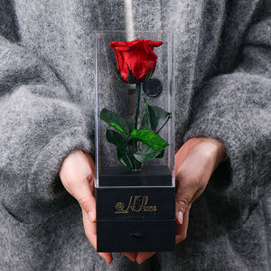 Hflora新着プリザーブドローズ茎付き永遠にバラ保存花アクリルボックスで最高のギフトプリザーブドローズ - Product Image 5