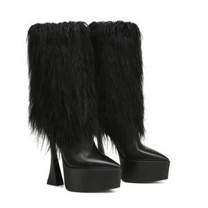 Botines de Tacón Alto con Peluche Negro, Moda 2023, Botas de Media Pierna para Mujer, Punta Puntiaguda, Plataforma Gruesa - Product Image 4