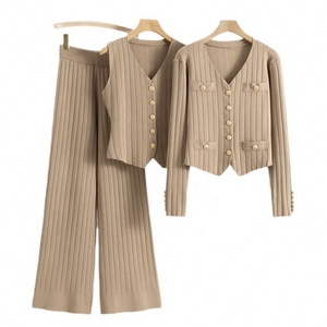 Conjunto de <span class=keywords><strong>Mujer</strong></span> al por Mayor, Otoño 2026, Nuevo Estilo Coreano, <span class=keywords><strong>Chaleco</strong></span> Ajustado de Punto, Cárdigan, Pantalones Anchos - Product Image 5