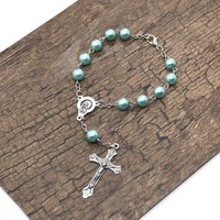 Bracelet de chapelet en perles de verre bleu de haute qualité 8 mm, catholique, avec pendentif croix, fournitures pour la fabrication de chapelets