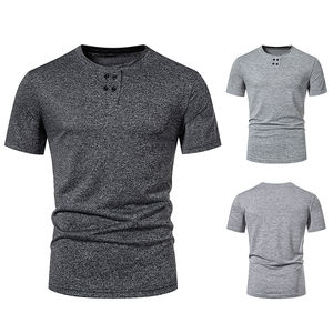 T-shirt décontracté pour homme, été, basique, uni, boutonné, manches courtes, col rond, extensible, coupe ajustée, anti-froissement, pour la salle de sport, l'entraînement, le sport - Product Image 2