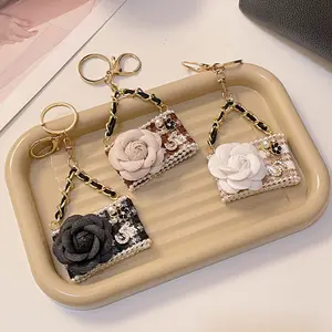 Mini Bag Shape Coin Purse Alloy Bling Keychain Handmade Diamond Bag Shape Camellia Flower Keychain