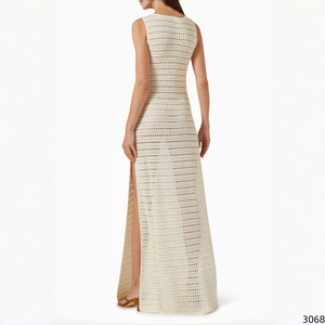 Summer Solid Color Crochet Knit Maxi Dress Sleeveless Cutout Neckline Beach Cover up Double Side Slits Dress for <strong>Women</strong> - Product Image 5