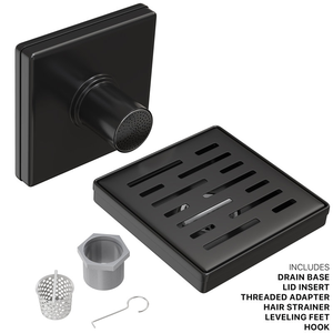 Desagüe de <span class=keywords><strong>ducha</strong></span> cuadrado moderno de 6 pulgadas, negro mate 304, con salida vertical, rejilla lineal extraíble y atrapapelos para baño - Product Image 3