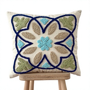 ITHL Bohemian Square <b>Throw</b> Pillow Floral Embroidery Cotton Beige <b>Red</b> Green Pattern Hand Washable Non-Toxic Customizable - Product Image 3