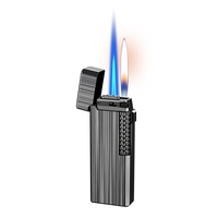 Briquet à gaz classique à double flamme coupe-vent, en métal doré, avec roue d'allumage latérale, alimenté au butane, portable