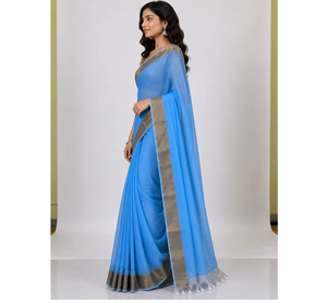 Sari en coton bleu avec bordure Zari pour femmes, tissu en coton respirant de qualité supérieure, vêtements ethniques indiens traditionnels, tenue décontractée pour les festivals - Product Image 1