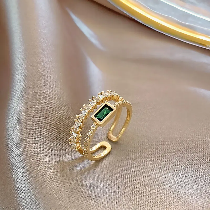 Vershal-anillo ajustable en capas de circón verde, sortija de lujo, chapado en oro Real de 18k, delicado, C098