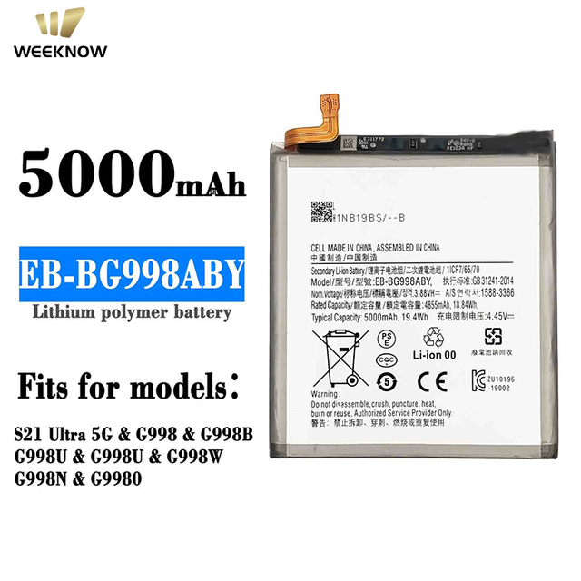 Factory Wholesale for Samsung S21 Ultra 5G Mobile Phone Battery EB-BG998ABY 5000mAh Built-in Board Stock Available Foreign Trade