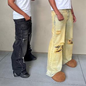 Jeans Y2K pour hommes, vintage, délavés à l'acide, amples, <span class=keywords><strong>en</strong></span> denim, avec strass, à jambes larges, effet usé, streetwear, jeans personnalisés - Product Image 3