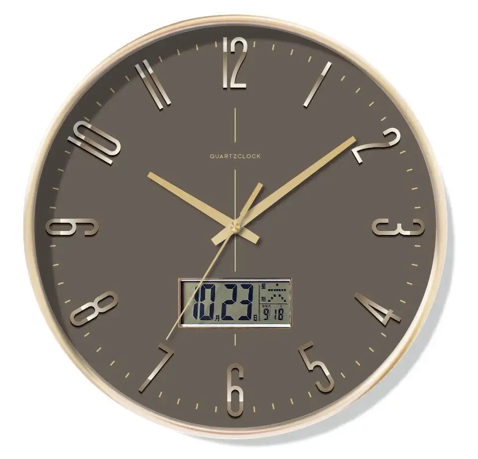 12インチの新しいデザイン30Cmサイレントファッションデジタル液晶ディスプレイ時計カレンダーの日と日付のモダンなカスタムグレーの壁掛け時計