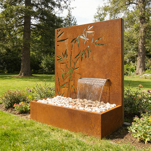 Fontaine en acier corten avec design en bambou, décoration de jardin extérieure, style rustique, rouge, rectangulaire, montage mural, style moderne - Product Image 4