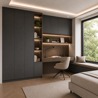 Armoires de bureau gris anthracite avec bureau ton noyer, étagères lumineuses et zone de travail compacte