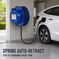 Enrouleur de câble de chargeur EV rétractable automatique avec connecteur Type 2, gestion de câble à ressort et anneau de glissement pour la recharge quotidienne