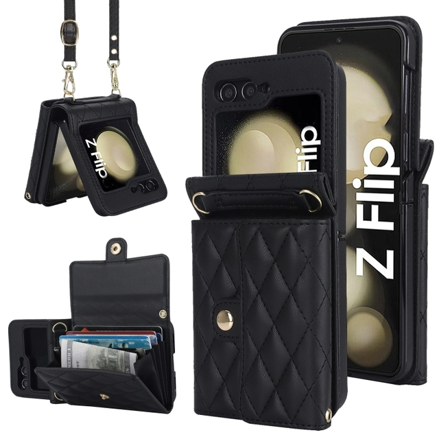 Wholesale Price With Long Lanyard for Samsung Galaxy Z Flip6 Rhombic Texture Card Bag PU Phone Case