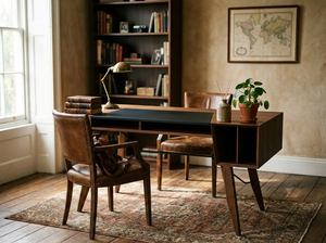 Contemporary Oversized Slender Natural Solid Wood Work Bureau Wide Extended Tabletop Writing <b>Unit</b> with Freestanding Book Rack - Product Image 3