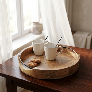 <b>Round</b> Mango Wood <b>Serving</b> <b>Tray</b> with Black Metal Handles – Wholesale Rustic Decorative Wood <b>Tray</b> for Coffee Table, Dining & Home - Product Image 5