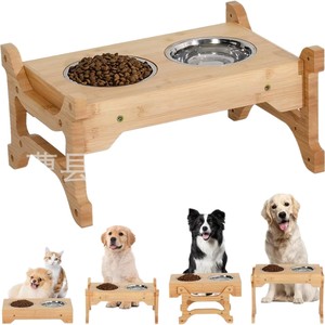 Comedero elevado de madera para mascotas con soporte doble para gatos y perros, con tazones para comida y agua - Product Image 1