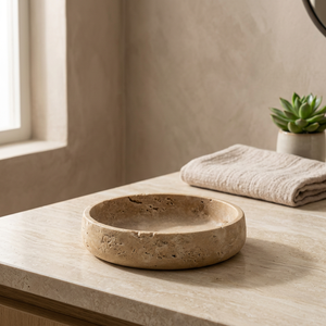 Bol rond en travertin naturel, plat de service en pierre beige, plateau décoratif pour la maison, la cuisine, la salle de bain et les fêtes - Product Image 2