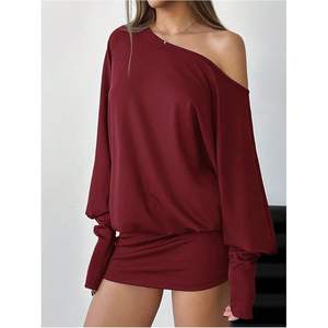 เดรสสั้นแขนยาวเปิดไหล่ทรงเข้ารูปผ้าชีฟองสำหรับผู้หญิง ดีไซน์ไม่สมมาตร เหมาะสำหรับใส่ไปเที่ยวคลับ - Product Image 4