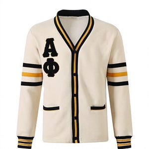 Cardigan tricoté à col en V pour homme, motif Alpha Phi A, broderie lettres grecques AΦA, rayures contrastées, pull de style classique - Product Image 1