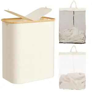 Большая 2 секции корзина для грязной одежды с крышкой и 2 съемные сумки для ванной и прачечной оксфордская корзина для белья 140L серый