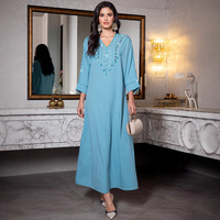 Abaya Turquoise Moderne Élégante et Modeste pour Femmes Musulmanes, Vêtement de Fête avec Broderie à Franges Perlées