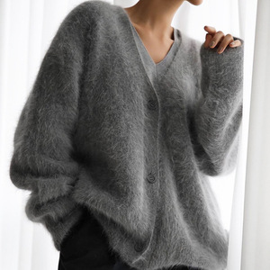 Pull en cachemire de vison pour femme, col en V, tricoté, coupe ample, couleur unie, automne-hiver, cardigan, taille unique, gris, kaki, clair - Product Image 3