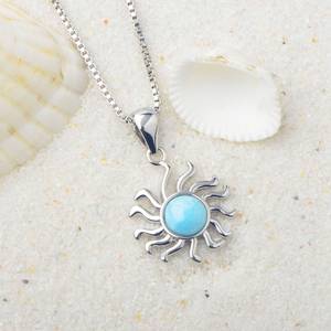 Colgante Vibrante con Remolino de Larimar y Efecto <span class=keywords><strong>Sol</strong></span> - Gema Azul Cielo Océano y Rayos Plateados Ondulados |   Joyería de Moda de Verano, Regalos al por Mayor - Product Image 5
