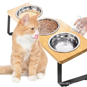 Support surélevé en bois pour gamelles de chat avec bols en acier inoxydable pour usage domestique - Product Image 2
