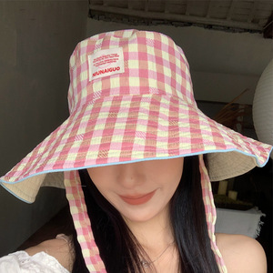 Chapeau bob à large bord à carreaux de style coréen pour femmes, protection solaire estivale, chapeau de pêcheur respirant avec design à nouer autour du cou - Product Image 3